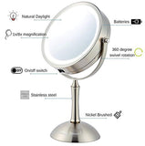 Ovente Table Top Makeup Mirror 7 Inch 1X, 8X Full View Magnification Cool White LED Lights, Distortion Free Design, Double-Sided, Battery Powered and 360 Degrees Rotation Nickel Brushed MDT70BR1X8X
