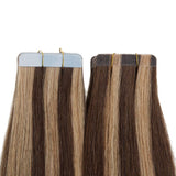 18 Inch Tape in Hair Extensions Remy Human Hair 30g Thin Highlight #4/27 Meidum Brown Mix Dark Blonde Long Straight Seamless Skin Weft Glue in Balayage Human Hairpieces 20pc/pack +10 Free Tape Bonds