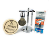 GBS Shaving Set Made in Soligen Germany MK Safety Razor Long Handle - Wet Shaving Badger Brush, Taylor Of Bond Street Shave Cream Bowl Stand and 10 Pack of Blades Holiday Christmas