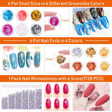 Nail Gems and Rhinestones, Thrilez 4 Boxes Nail Art Rhinestones with 120 Pcs AB Crystal Nail Jewels Diamonds, 1728 Pcs Flatback Nail Rhinestones and 12 Pots Foil Flakes Glitter for Acrylic Nails
