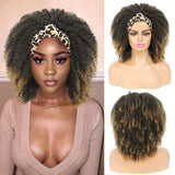 Headband Wig for Black Women Short Curly Afro Wigs Head Wrap Wig 2 in 1 Afro Synthetic Curly Wigs with Headband Leopard Headwrap Wigs Synthetic Hair Mixed Honey Blonde T27 Kinky Curly Scarf Wigs