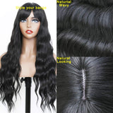 Fugady Hair Long Wavy Black Wigs With Side Bangs Synthetic Body Wave Fiber Wig Natural Curly Heat Resistant Full Machine Made Wig For Black Women Daily Cosplay Party