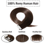 20" 100g Tape in Hair Extensions Remy Human Hair 40pcs #2 Dark Brown Straight Hair Seamless Skin Weft Glue in Hairpieces with Invisible Double Sided Tapes