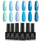 Beetles Gel Nail Polish Set- Summer Splish Splash Collection 6 Colors Bule Nail Gel Polish Kit Soak Off LED Lamp Gel Nail Kit Nail Art Manicure Salon DIY at Home