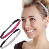 Hipsy 2pk Women's Adjustable NON SLIP Skinny Bling Glitter Headband Silver Duo Pack (Silver & Hot Pink)