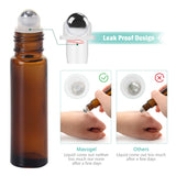 24, 10ml Roller Bottles for Essential Oils - Amber, Glass with Stainless Steel Roller Balls by Mavogel (3 Extra Roller Balls, 54 Pieces Labels, Opener, Funnel, Dropper, Brush Included)