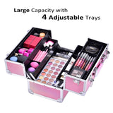 Joligrace Makeup Box Train Case - Professional 13.5 Inch Portable Aluminum Cosmetic Organizer Storage Box with 4 Adjustable Dividers Trays, 2 Locks and Shoulder Strap - Holographic Pink