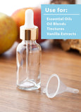 1 oz / 30 ml Clear Glass Boston Round Bottle with Gold Metal and Glass Dropper (24 pack) + Funnel