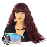 Long Wavy Wig with Bangs 24 Inch Synthetic Wine Red Long Wave Wigs for Women Heat Resistance Burgundy Wig for Everyday Wear Cosplay Use
