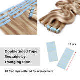 SEGO Wavy Remy Tape In Hair Extensions Human Hair Extensions Tape In Real Hair Body Wave Highlight Skin Weft Tape In Human Hair Extensions Seamless 40 Pieces 20 Inch 100 Gram Ash Blonde&Bleach Blonde