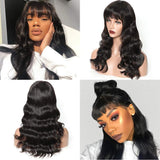 Body Wave Wigs With Bangs 100% Brazilian None Lace Front Wigs 150% Density Full Machine Made Long Wavy Human Hair Wigs Natural Black (16")