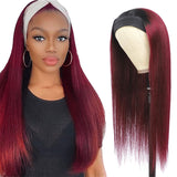 Seelaak Ombre Wine Red Straight Headband Wig Glueless None Lace Front Half Wigs 100% Brazilian Human Silky Straight Hair Machine Made Headband Wig for Black Women 150% Density 16 Inch