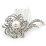 Avalaya Bridal/Wedding/Prom/Party Rhodium Plated Clear Swarovski Crystal, Synthetic Pearl Asymmetrical Leaf Hair Comb - 75mm