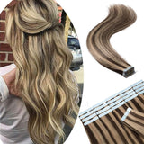 18 Inch Tape in Hair Extensions Remy Human Hair 30g Thin Highlight #4/27 Meidum Brown Mix Dark Blonde Long Straight Seamless Skin Weft Glue in Balayage Human Hairpieces 20pc/pack +10 Free Tape Bonds