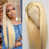 Allove 613 Blonde Lace Front Wig Human Hair Pre Plucked Bleached Hair Knots 16inch T Part Straight Lace Front Wigs with Baby Hair 130% Density 10a Middle Part Brazilian Human Hair Wigs for Black Women