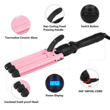 22mm (0.9") Crimper Hair Iron, Aima Beauty 3 Barrel Curling Iron Temperature Adjustable, Beach Hair Waver with LCD Temperature Display Dual Voltage, Pink