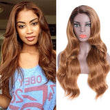 Long Wavy Ombre Strawberry Blonde Wig - Longqibeauty Natural Looking Body Wave Synthetic Wig for Women, Right Side Parting Heat Resistant Cosplay Wig 2 Tone Color Dark Roots with #27 (26 Inches)