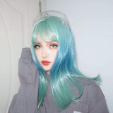 aiyaya Long Mixed Color Wigs Bangs - Natural Synthetic Hair Lolita Wig with Wig Cap for Women Cosplay and Daily Wear (Blue Green Ombre)