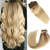 22 Inch Hair Extension Brown to Blonde Clip in Human Hair Extensions 120g 7pcs Thicken Double Weft Full Head Straight Ombre Balayage Clip on Real Remy Extensions