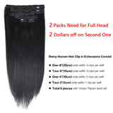 14"Remy Human Hair Clip in Extensions for Women Thick to Ends Jet Black(#1) 6 Pieces 70grams/2.45oz