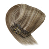 Sunny Clip in Hair Extensions Human Hair 14 Inch Double Weft Clip in Extensions Light Brown Highlights Blonde Hair Extensions Clip in Human Hair 7pcs 120g