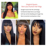 Straight Human Hair Wigs with Bangs Brazilian Unprocessed Virgin Hair None Lace Wigs Original Queen Machine Made Wigs with Elastic Bands 10 Inch