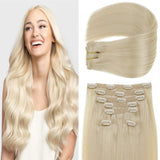 Vivien Blonde Clip in Human Hair Extensions 18inch Real Remy Human Hair Full Head Platinum Blonde Clip in Hair Extensions 7pcs 120g