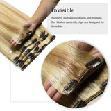 Clip in Hair Extensions Long Straight 8PCS 100% Remy Human Hair Pieces for Women Dark Blonde mix Bleach Blonde Clip on Hair Extensions