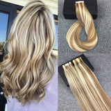 Reysaina 24inch Balayage Tape in Hair Extensions Ash Brown Hightlighted with Bleach Blonde 100% Remy Straight Brazilian Tape in Human Hair Extensions