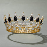 SWEETV Crystal Queen Crown for Women, Rhinestone Wedding Tiara Headband, Full Round Princess Crown Hair Accessories for Prom Birthday Costume Party,Black+Gold