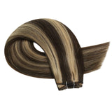 YoungSee 16inch Weft Human Hair Extensions Dark Brown Highlight with Caramel Blonde Human Hair Weft Extensions Sew in Highlight Human Hair Extensions Hand Tied Human Hair Extensions 100grams
