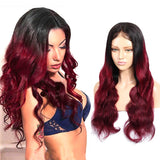 1B Burgundy Ombre Lace Closure Front Wig, 100% Unprocessed Human Hair Wigs with Baby Hair, Red Wine Color Body Wave Lace Wigs 250% Density (12", 1B/99J, 250%)