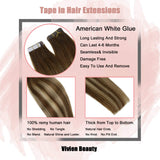 Vivien Tape in Hair Extensions Human Hair, 20inch 50g 20pcs Ombre Chocolate Brown to Caramel Blonde Tape Hair Extensions Long Seamless Tape in Real Human Hair Extensions Dark Brown