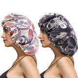 VINICUNCA 2 Pieces Drawstring Satin Bonnet Adjustable Sleep Cap for Curly Hair Double Layered Reversible Night Hat Flower Hair Turban (M-XL, 2-Pack, Khaki/Black)