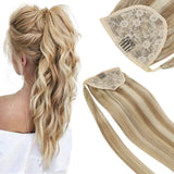 VeSunny Ponytail Extensions Human Hair Caramel Blonde Highlighted Bleach Blonde Wrap Around Clip in Ponytail Extension Blonde Straight 80g/set