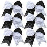 8 Inch 2 Colors Cheerleader Bows Ponytail Holder with Rhinestones Hair Tie Cheerleading Bows 6 Pcs (Black/White)