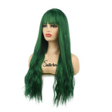 Womens Long Curly Wavy Green Wigs with Bangs Cosplay Costume Full Wigs Synthetic Fiber Replacement Heat Resistant Party Hair Wigs with Wig Cap