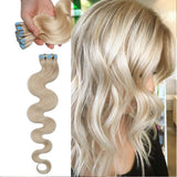 40 PCS Rooted Tape In Hair Extensions Human Hair Invisible Seamless Skin Weft Body Wave Highlight Double Side Tape Remy Human Hair Extensions Balayage Wavy For Women (20'',100g/40pcs,#70 White Blonde)