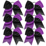 8 Inch 2 Colors Cheerleader Bows Ponytail Holder with Rhinestones Hair Tie Cheerleading Bows 6 Pcs (Purple/Black)