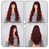 AISI QUEENS Long Wavy Wine Red Hair Wig With Bangs for Women Girls Cosplay Fluffy Wavy Natural Looking Heat Resistant Synthetic Hair Wig for Daily Use 24 inch