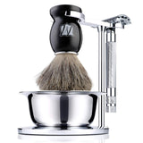 Miusco Men's Wet Shaving Kit, 4 Piece, Badger Hair Shaving Brush, Hand Polished Stainless Steel Shaving Stand, Shaving Bowl & Safety Razor