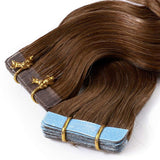 18 Inch Tape in Hair Extensions Body Wavy Human Hair 100g Thin Long Hair 40pcs/pack Seamless Skin Weft Glue in Wavy Hairpieces with Invisible Double Sided Tapes #6 Light Brown