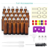 24, 10ml Roller Bottles for Essential Oils - Amber, Glass with Stainless Steel Roller Balls by Mavogel (3 Extra Roller Balls, 54 Pieces Labels, Opener, Funnel, Dropper, Brush Included)