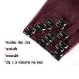 16 Inch Clip in Human Hair Extensions 65g Thin 8 Pcs Clip on Human Hairpieces Standard Weft Soft Long Straight Hair for Women Gift #99J Wine Red