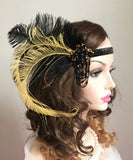 Anglacesmade Bridal 1920s Flapper Feather Headband Beaded Tassel Chain Feather Roaring 20s Headpiece Prom Party Festival Gatsby Hair Jewelry for Women and Girls