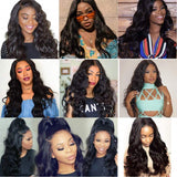 Body Wave Wigs With Bangs 100% Brazilian None Lace Front Wigs 150% Density Full Machine Made Long Wavy Human Hair Wigs Natural Black (16")