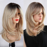 Ombre Blonde Wig with Bangs Synthetic Long Wavy Wigs for Women Brown Roots Blonde Hair