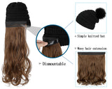 Qlenkay Beanie Hat Knit with Long Wavy Curly Hair Extensions Wig Dismountable Warm Knitted Pom Cap Attached 20inch Synthetic Hairpiece for Women Winter Light Chestnut Brown