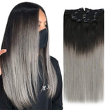 14inch Black to Grey Clip in Hair Extensions Ombre Human Hair 7PC/100G Thick Clip in Ombre Hair Extensions Full Head Set