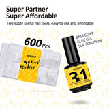 BURANO 600PCS Clear Tips for Acrylic Nails with Nail Glue Set, Nail Extension Tips with 15ML 3in1 Nail Glue Half Cover Straight Clear Coffin Fake Nail Tips 12 Sizes H002